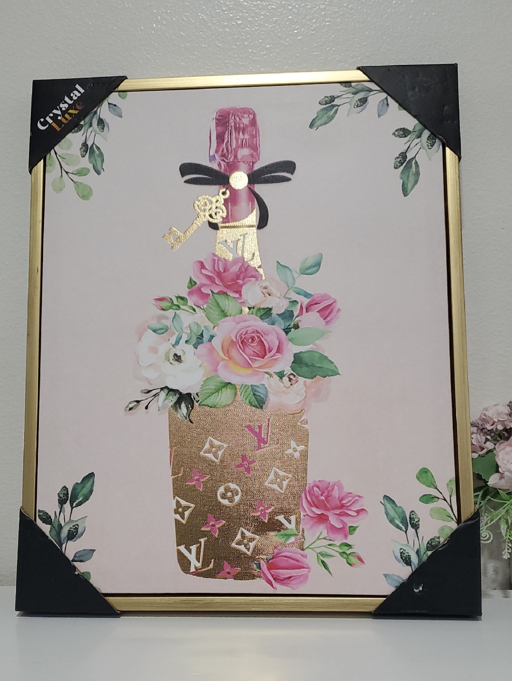 Gold Champagne Bottle Canvas Wall Art with Pink Floral Accents